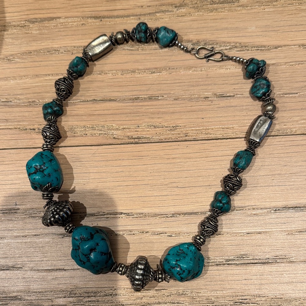Vintage Turquoise and Silver Beaded Necklace, Morocco
